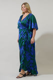 Satin Blue Green Print Ruffle Wrap Dress