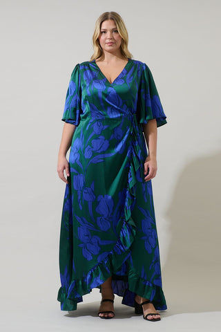 Satin Blue Green Print Ruffle Wrap Dress