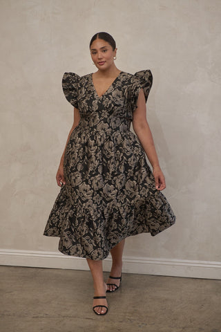 Black & Silver Jacquard Midi Dress
