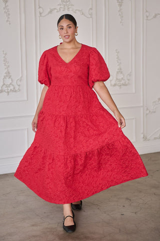 Red Jacquard Tiered Maxi Dress