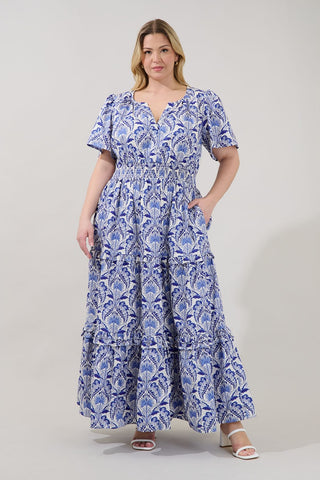 Tiered Cotton Maxi Dress in Blue & White