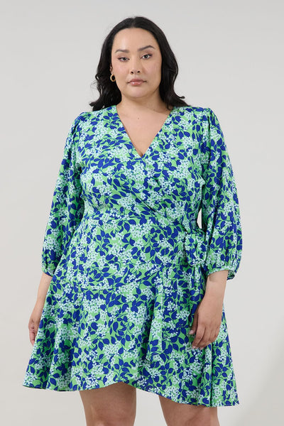 Blue Floral Long Sleeve Wrap Dress