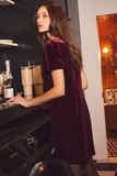 Short Sleeve Velvet Bow Dress in Merlot