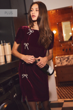 Short Sleeve Velvet Bow Dress in Merlot