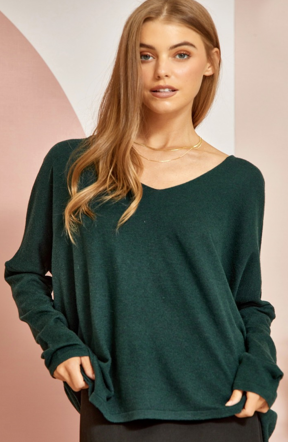 V Neck Scoop Sweater Top in Green
