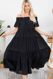 Off Shoulder Tiered Midi Dress in Black