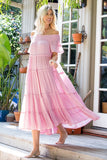 Off Shoulder Tiered Midi Dress in Pink