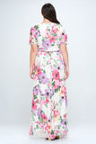 Multi Floral Short Sleeve Chiffon Gown in Pink
