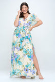 Multi Floral Short Sleeve Chiffon Gown in Blue
