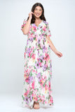 Multi Floral Short Sleeve Chiffon Gown in Pink