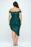Off Shoulder Asymmetric Sequin Dress in Emerald