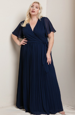 Chiffon Pleated Gown in Navy