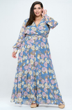 Long Sleeve Chiffon Gown in Powder Blue Floral