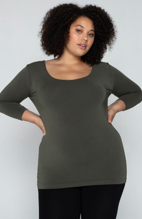 Bamboo 3/4 Sleeve Scoop Neck Top in Olive