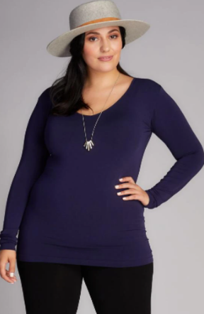 Bamboo Long Sleeve V Neck Top in Navy