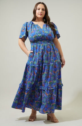 Blue Floral Ruffle Tiered Maxi Dress