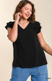 Double Flutter Sleeve V Neck Top in Black