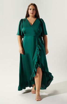 Emerald Satin Ruffle Wrap Dress