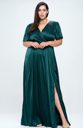 Satin Gown with Slit in Hunter Green