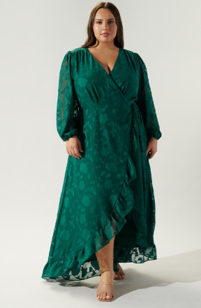 Emerald Lace Ruffle Wrap Dress