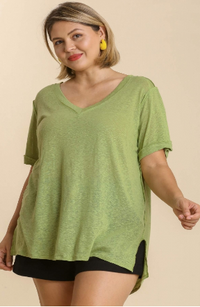 Linen Blend V Neck Tee in Green Tea