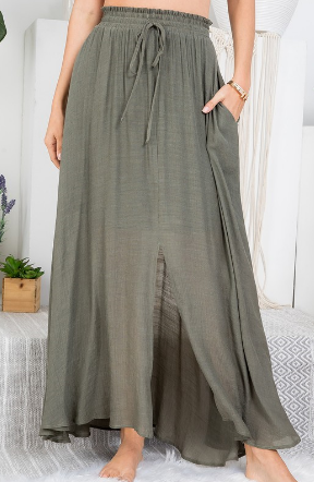 Maxi Skirt with Slit in Olive