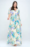 Multi Floral Short Sleeve Chiffon Gown in Blue