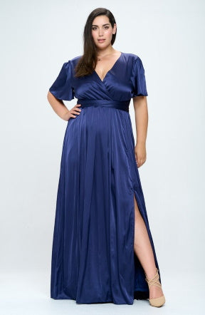 Satin Gown with Slit in Navy
