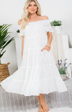 Off Shoulder Tiered Midi Dress in Off White