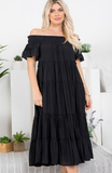 Off Shoulder Tiered Midi Dress in Black