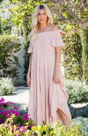 Off Shoulder Tiered Midi Dress in Neutral