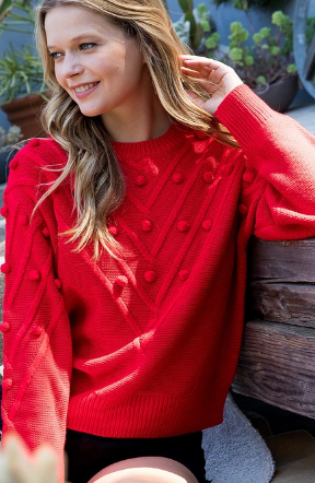 Pom Pom Design Sweater in Red- CLEARANCE