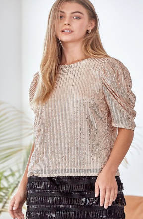 Puff Sleeve Sequin Top in Champagne