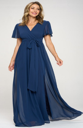 Short Sleeve Chiffon Gown in Navy