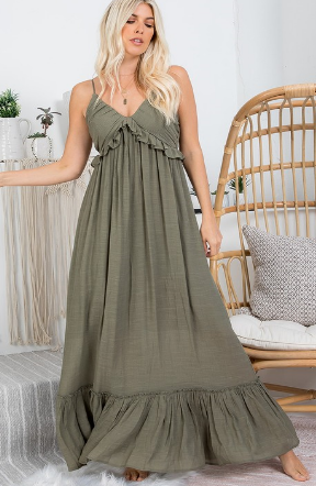 Thin Strap Ruffle Maxi Dress in Olive