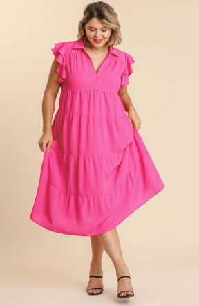 Solid Tiered Midi Dress in Pink *CLEARANCE*