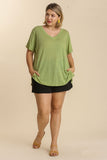 Linen Blend V Neck Tee in Green Tea